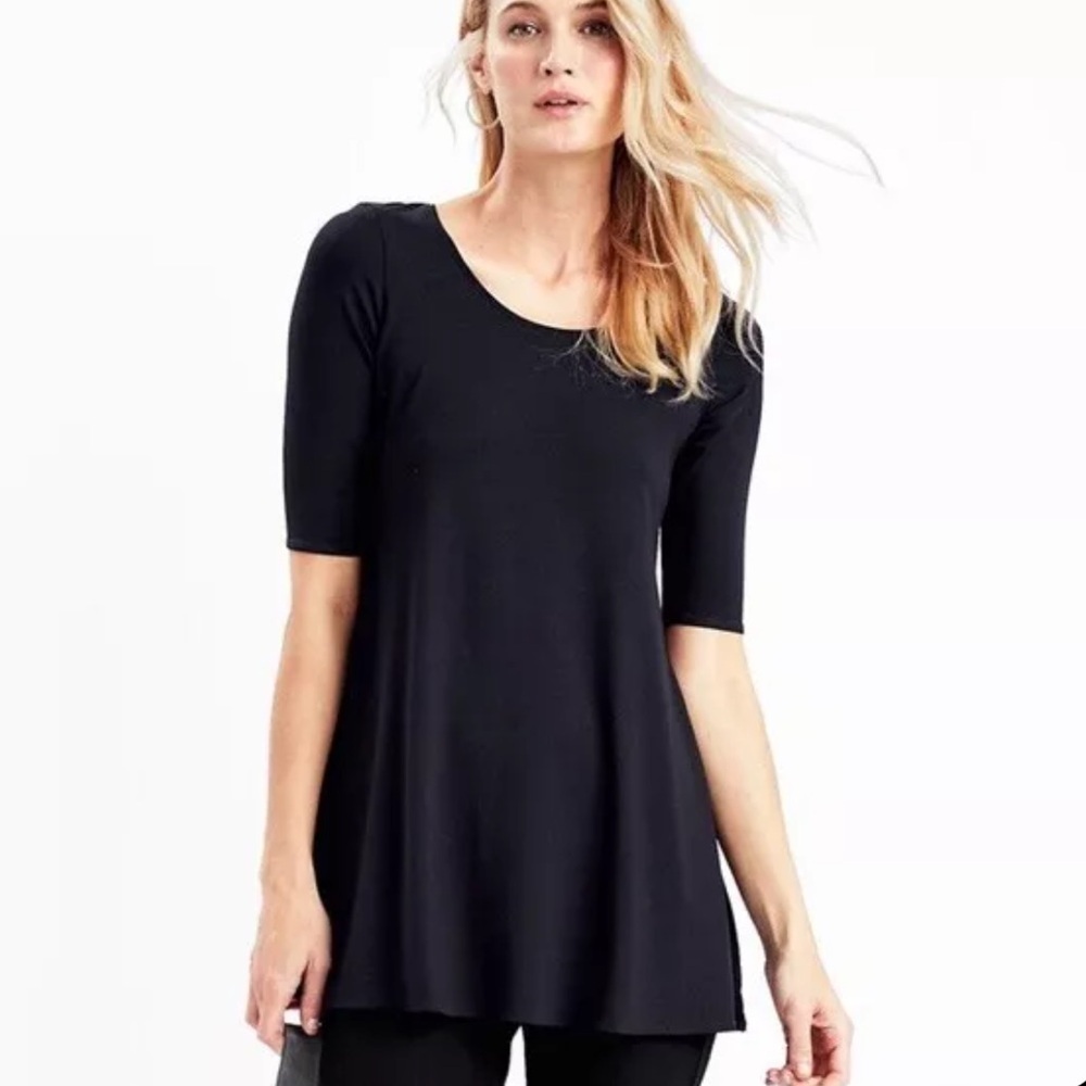 Eileen Fisher Black Viscose Jersey Scoopneck Elbow Sleeve Swing Tunic XS $158